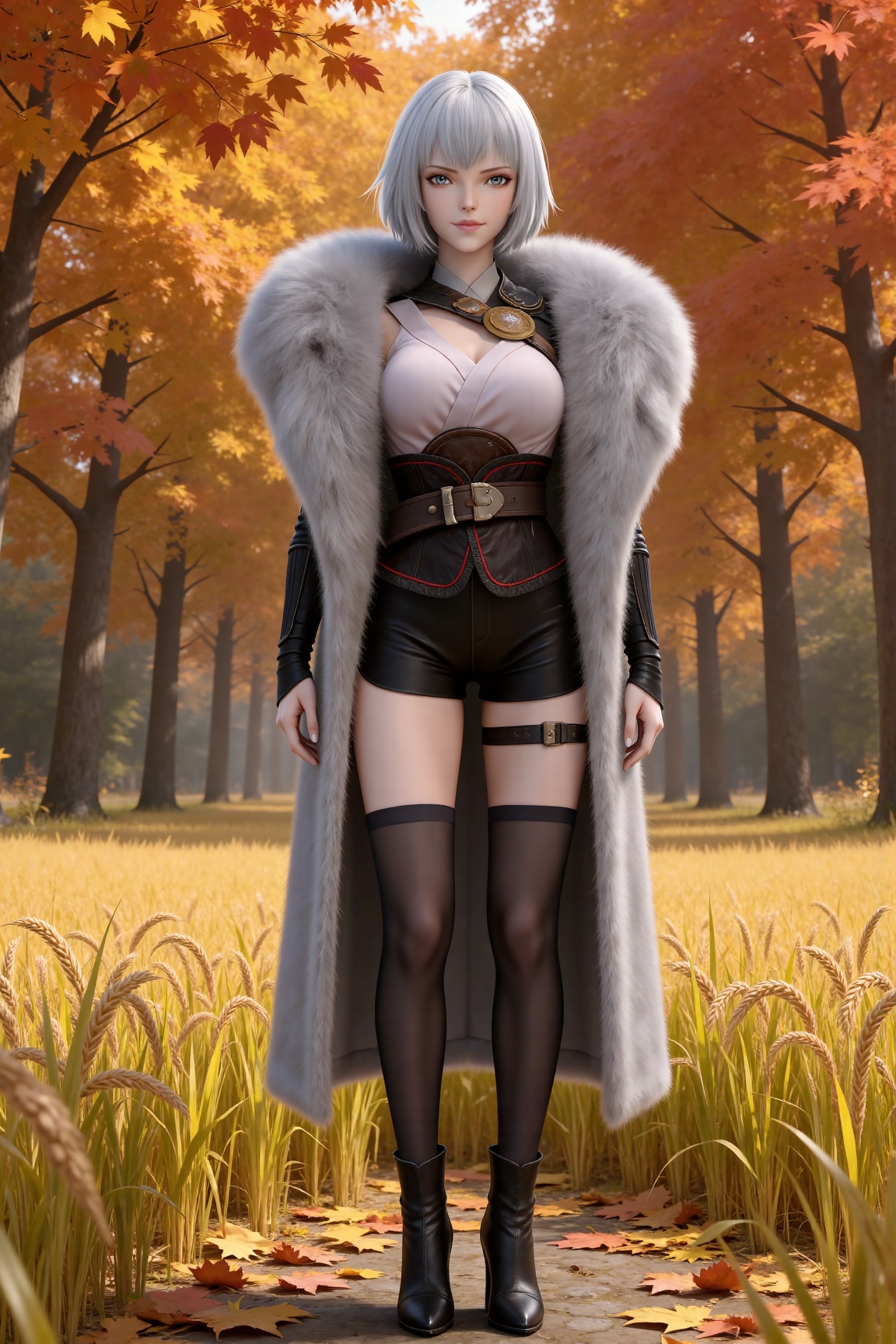 masterpiece,high quality,tall,game cg,highres,(soft light:1.2),(white_skin:0.6),(shiny_skin:0.6),(realistic:1.1), lvjing,
white hair, short hair, grey eyes, fur coat, shirt, detached_sleeves, black shorts, black_thighhighs, high_heel_boots, 1girl, solo, autumn leaves, looking at viewer, full body, breasts, standing, outdoors, belt, autumn, thigh strap, corset