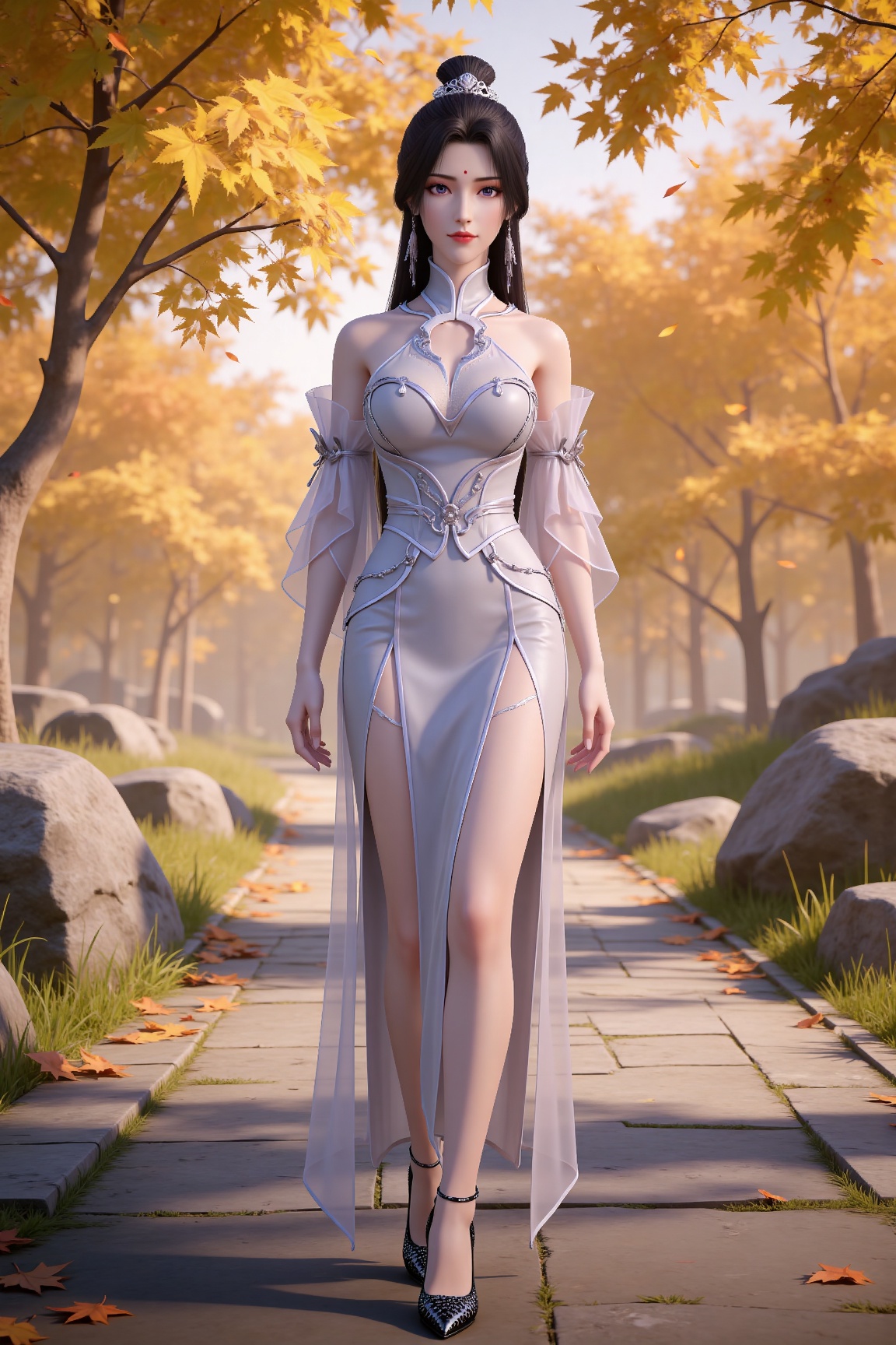 masterpiece,high quality,tall,game cg,highres,(soft light:1.2),(white_skin:0.6),(shiny_skin:0.6),(realistic:1.1), lvjing,
black hair, long hair, purple eyes, single hair bun, earrings, hair_ornament, forehead mark, yuechan white dress, bare shoulders, detached_sleeves, high_heels, 1girl, solo, full body, rock, bare legs, leaf, falling leaves, jewelry, outdoors, closed mouth