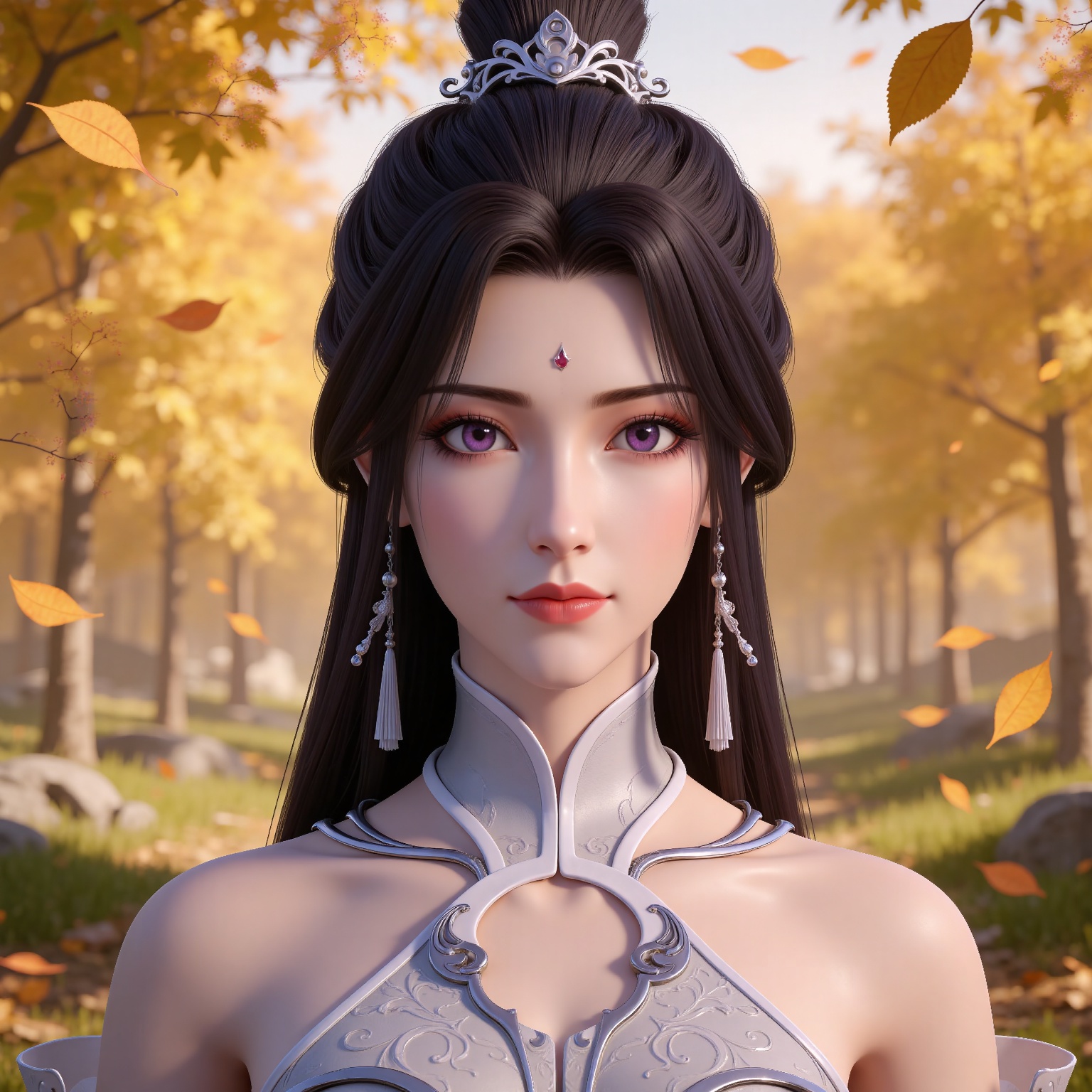 masterpiece,high quality,tall,game cg,highres,(soft light:1.2),(white_skin:0.6),(shiny_skin:0.6),(realistic:1.1), lvjing,
black hair, long hair, purple eyes, single hair bun, earrings, hair_ornament, forehead mark, yuechan white dress, bare shoulders, detached_sleeves, 1girl, solo, upper body, leaf, looking at viewer, falling leaves, closed mouth, jewelry