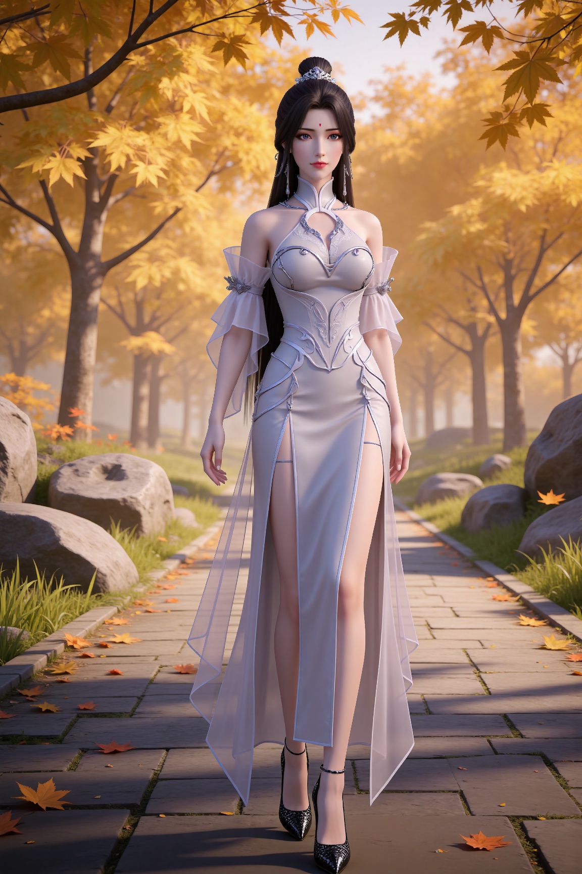 masterpiece,high quality,tall,game cg,highres,(soft light:1.2),(white_skin:0.6),(shiny_skin:0.6),(realistic:1.1), lvjing,
black hair, long hair, purple eyes, single hair bun, earrings, hair_ornament, forehead mark, yuechan white dress, bare shoulders, detached_sleeves, high_heels, 1girl, solo, full body, rock, bare legs, leaf, falling leaves, jewelry, outdoors, closed mouth