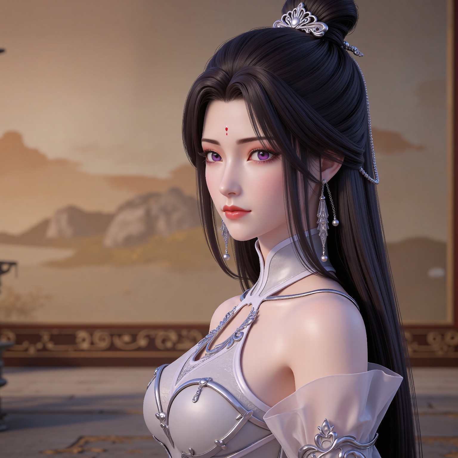 masterpiece,high quality,tall,game cg,highres,(soft light:1.2),(white_skin:0.6),(shiny_skin:0.6),(realistic:1.1), lvjing,
black hair, long hair, purple eyes, single hair bun, earrings, hair_ornament, forehead mark, yuechan white dress, bare shoulders, detached_sleeves, 1girl, solo, sitting, jewelry, from side, looking at viewer, closed mouth