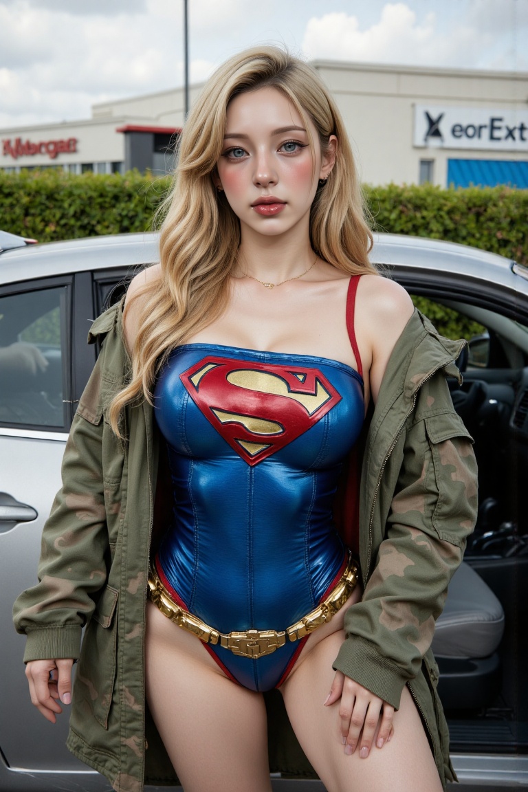 Stunning blonde woman with long wavy hair and striking blue eyes,  standing next to an open car door in a parking lot,  we...
