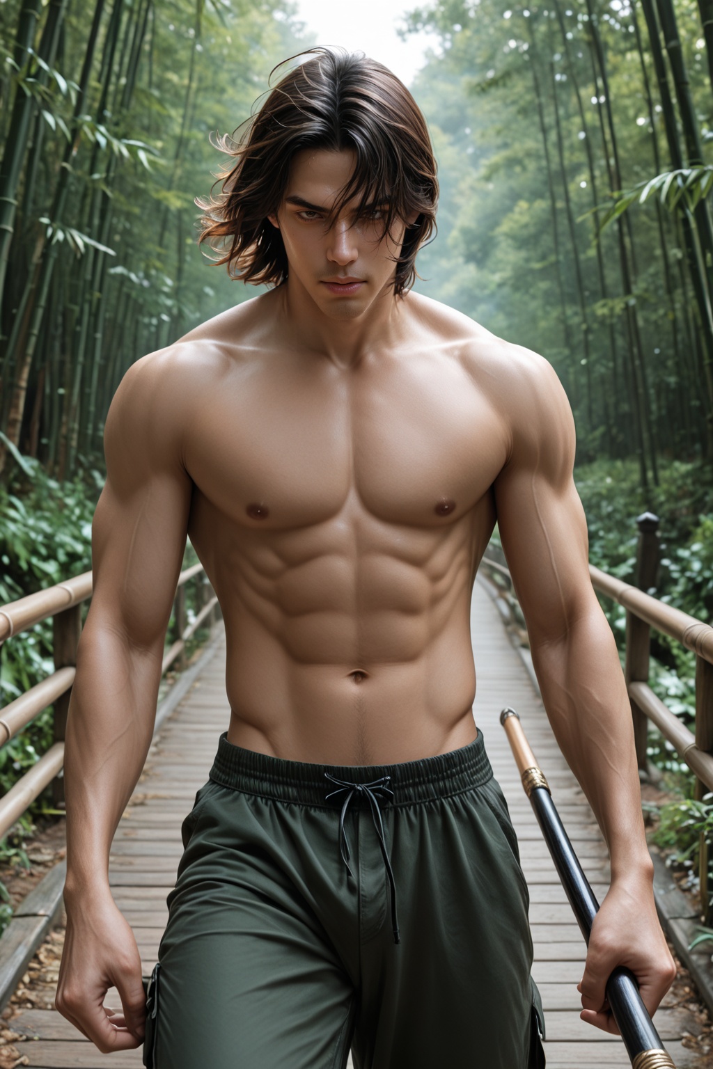 ......... ),  Two warriors face each other on a bamboo bridge above a deep gorge. One wields a spear,  the other a curved...