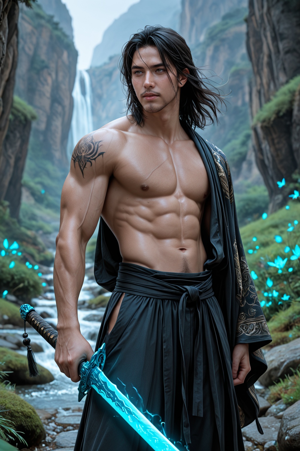 ......... ),  A young swordmaster from a noble clan stands on a misty mountain peak at dawn,  his long black hair and silk...