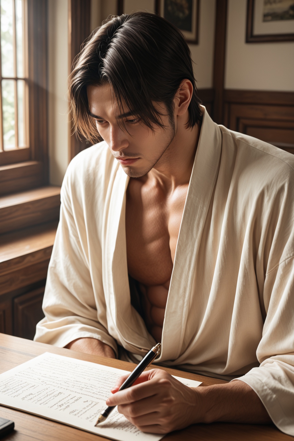 ......... ),  A scholar in elegant Ming dynasty robes sits by a window,  writing poetry with a brush. Sunlight streams thr...