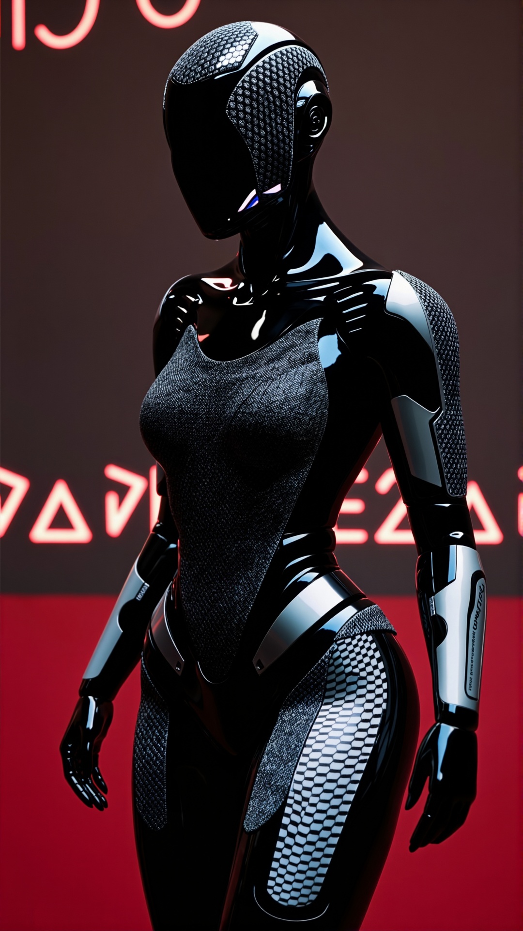 Create a photorealistic image of a fashion-forward demon woman robot made from a unique blend of fly-knit tweed and carbon...