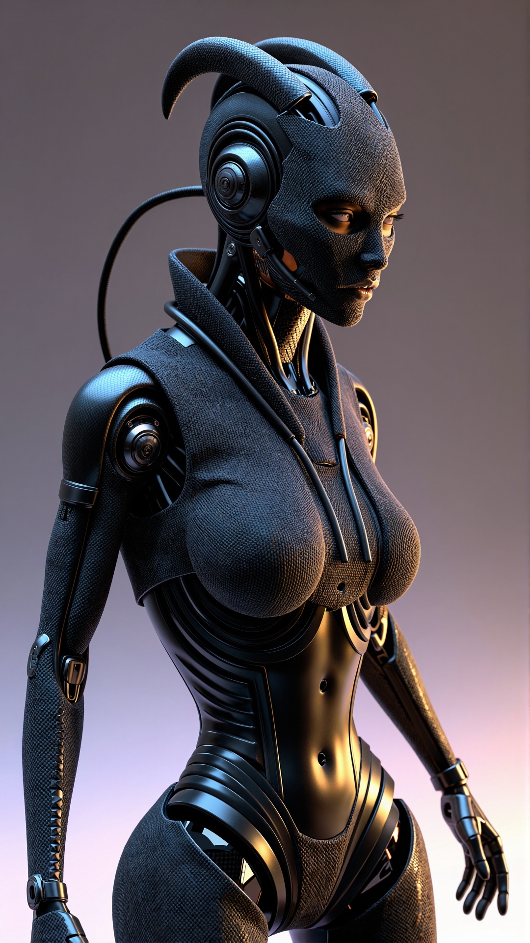 Create a photorealistic image of a fashion-forward demon woman robot made from a unique blend of fly-knit tweed and carbon...