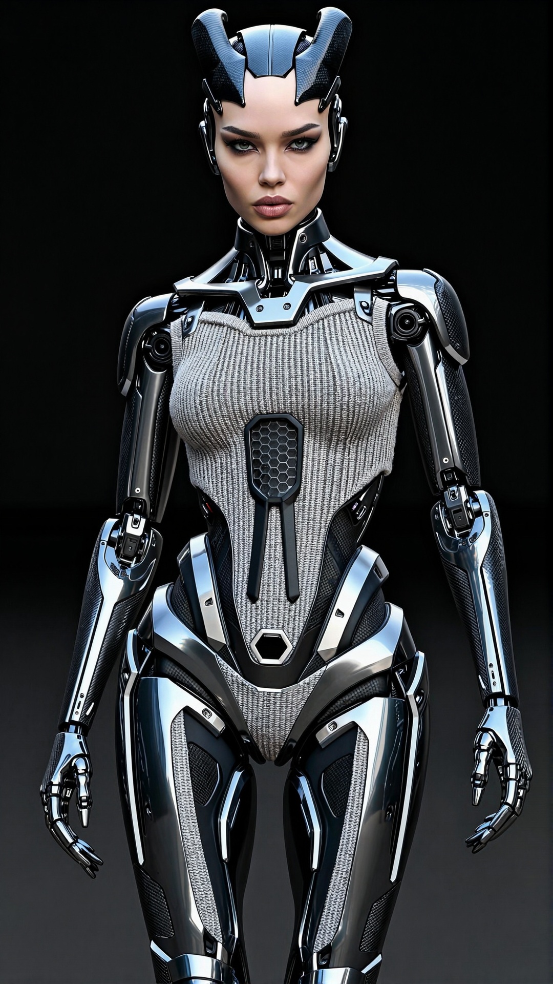 Create a photorealistic image of a fashion-forward demon woman robot made from a unique blend of fly-knit tweed and carbon...