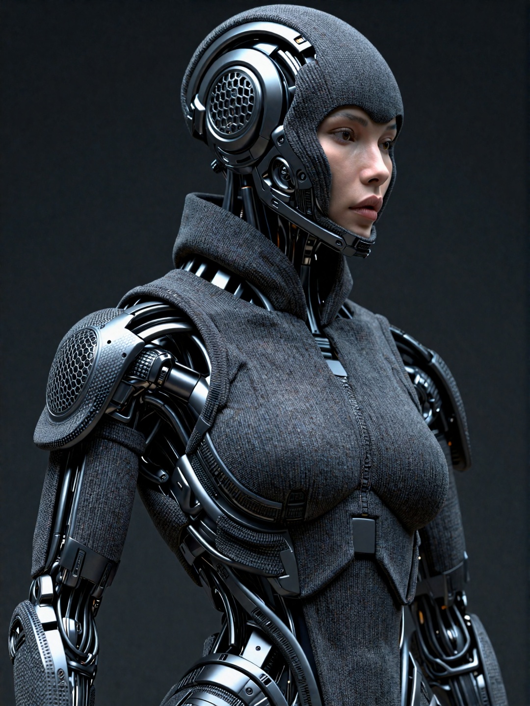 Demon woman robot made of fly-knit tweed and carbon fiber,  designed by Lamborghini with hexagon pattern mesh accents,  cy...