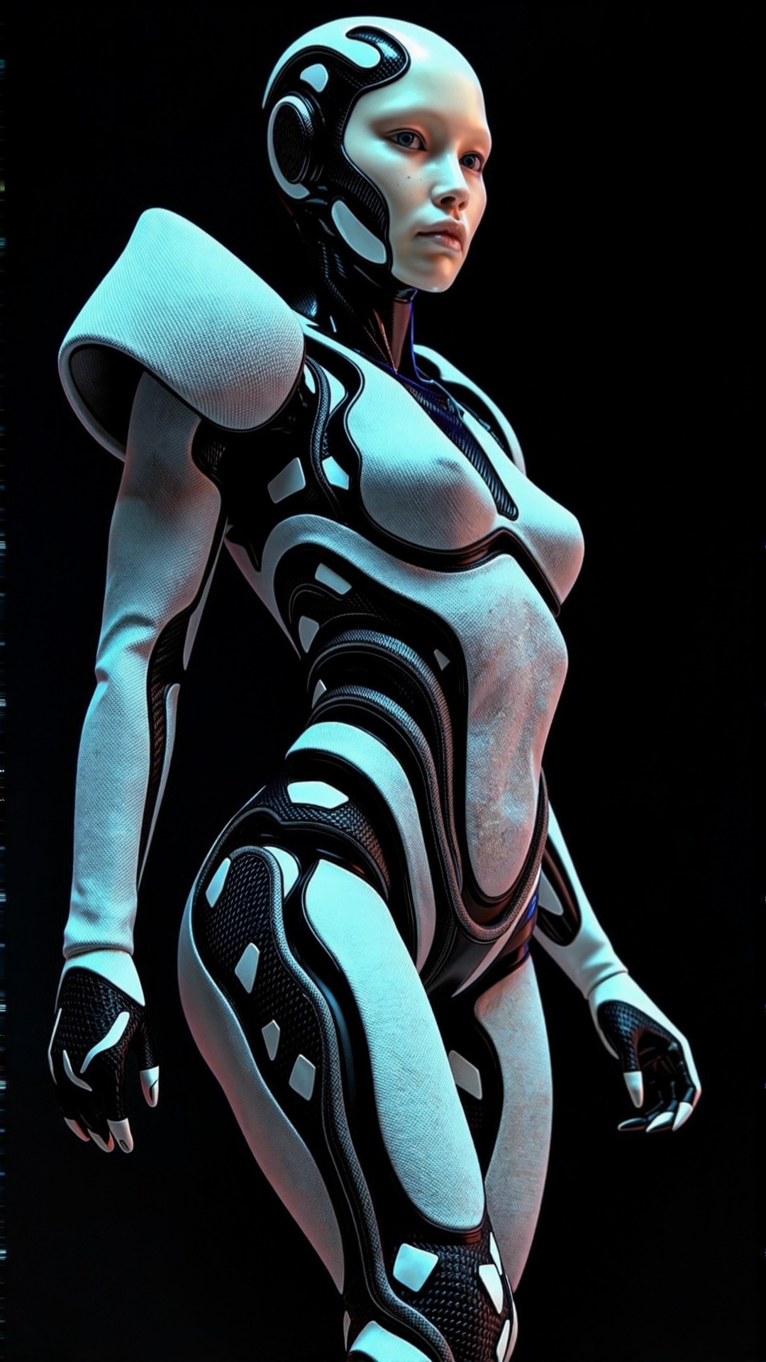 Create a photorealistic image of a fashion-forward demon woman robot made from a unique blend of fly-knit tweed and carbon...