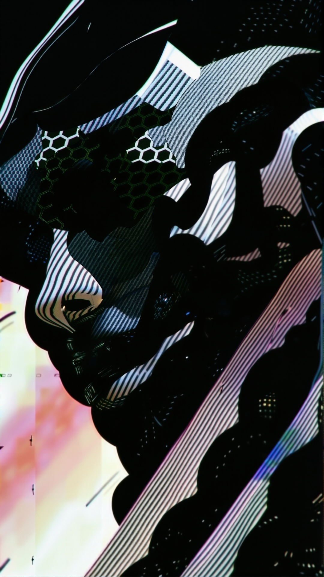 Create a photorealistic image of a fashion-forward demon woman robot made from a unique blend of fly-knit tweed and carbon...