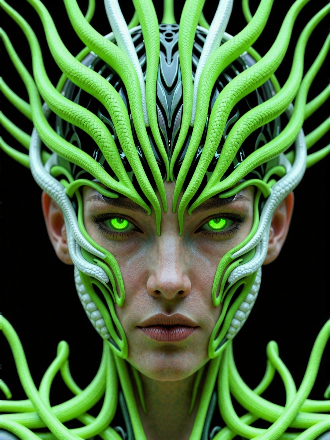 Create a highly detailed digital CGI image featuring an abstract,  symmetrical pattern. The central focus is on a vivid ne...