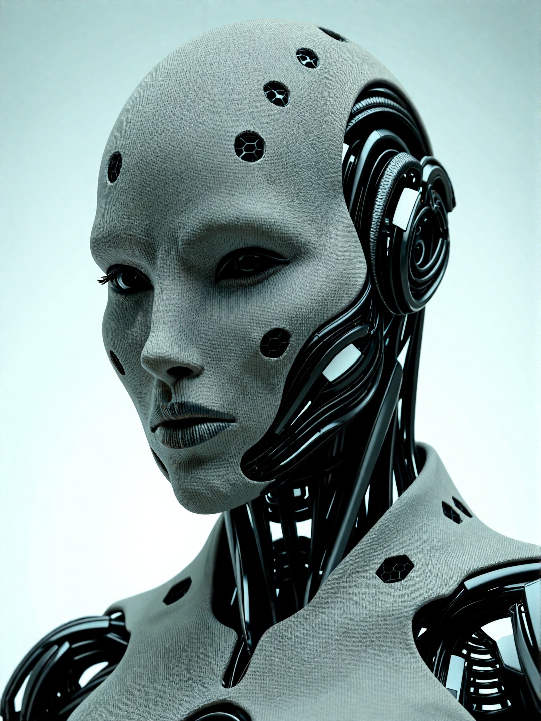 Demon woman robot made of fly-knit tweed and carbon fiber,  designed by Lamborghini with hexagon pattern mesh accents,  cy...
