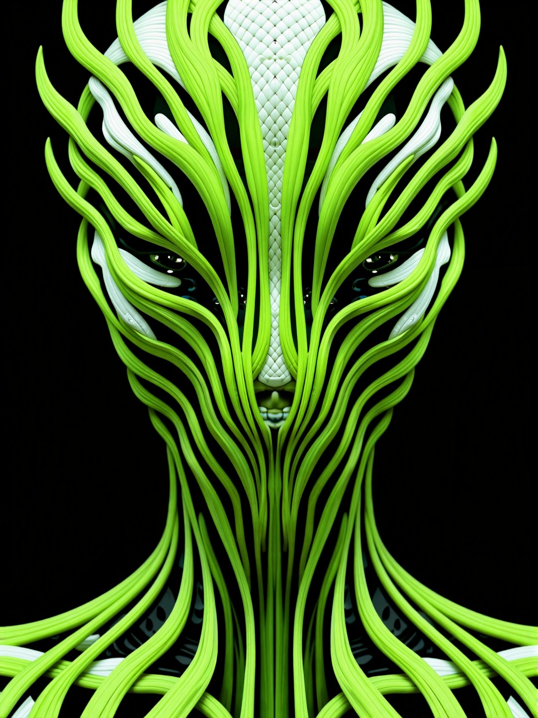 This is a highly detailed,  digital CGI image featuring an abstract,  symmetrical pattern. The central focus is on a vivid...