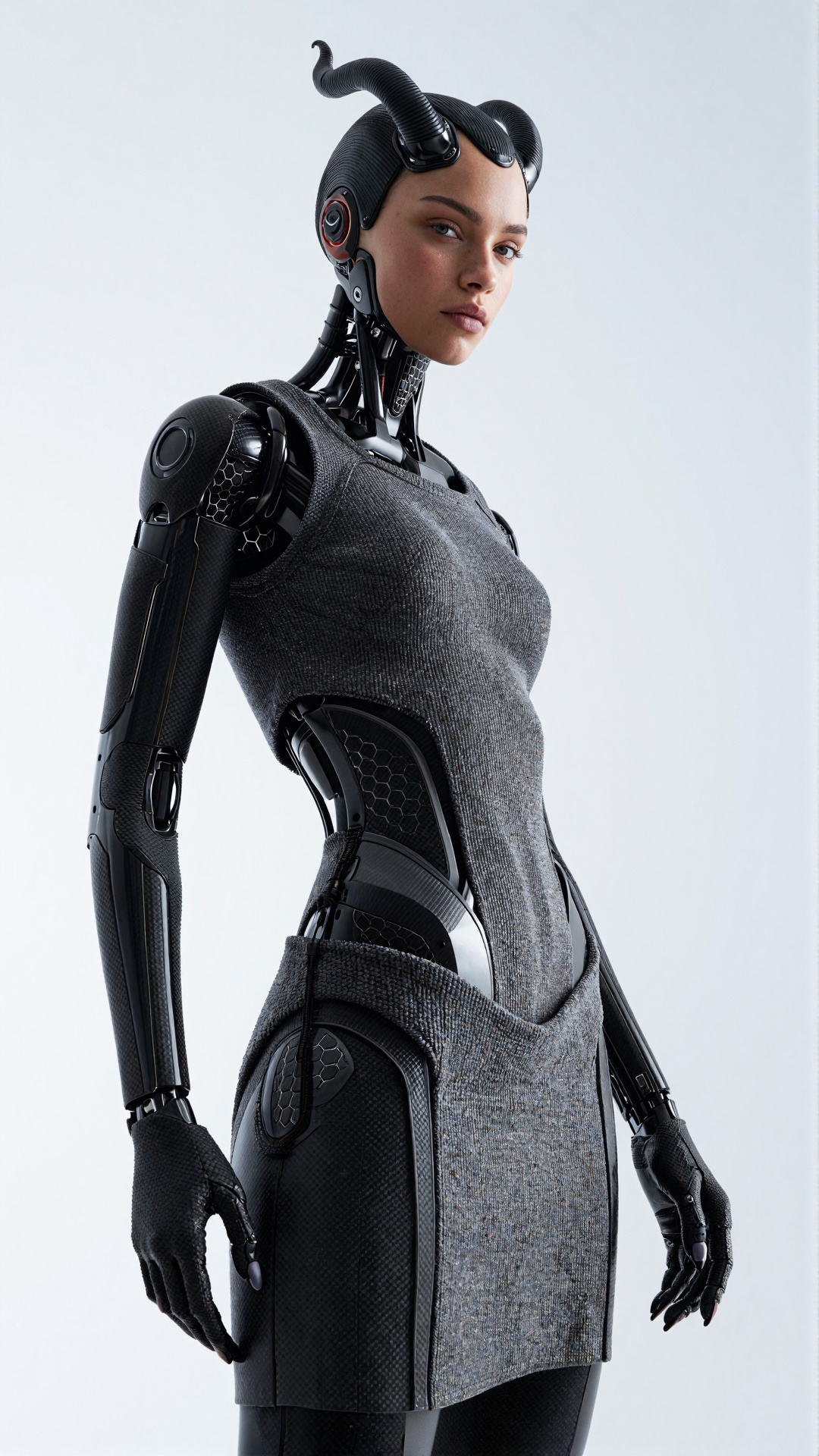 Create a photorealistic image of a fashion-forward demon woman robot made from a unique blend of fly-knit tweed and carbon...