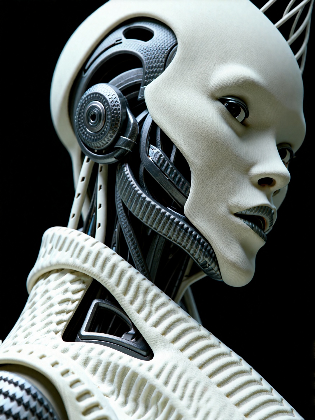 Demon woman robot made of fly-knit tweed and carbon fiber,  designed by Lamborghini with hexagon pattern mesh accents,  cy...