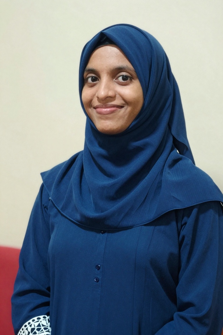 a girl wearing blue hijab,  smiling,  standing in room on Tensor.Art