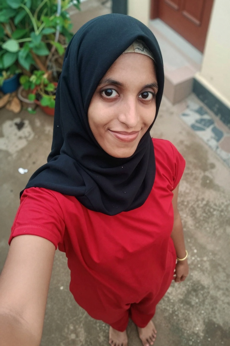 a girl take top angle high view selfie outdoor of home,  smiling,  standing in outside on Tensor.Art