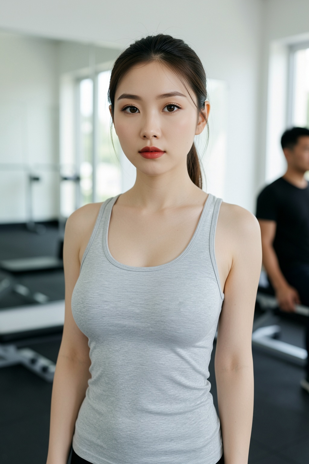 Large breasts. This is a photograph of an East Asian woman in her early twenties,  standing in a modern gym. She has a fai...