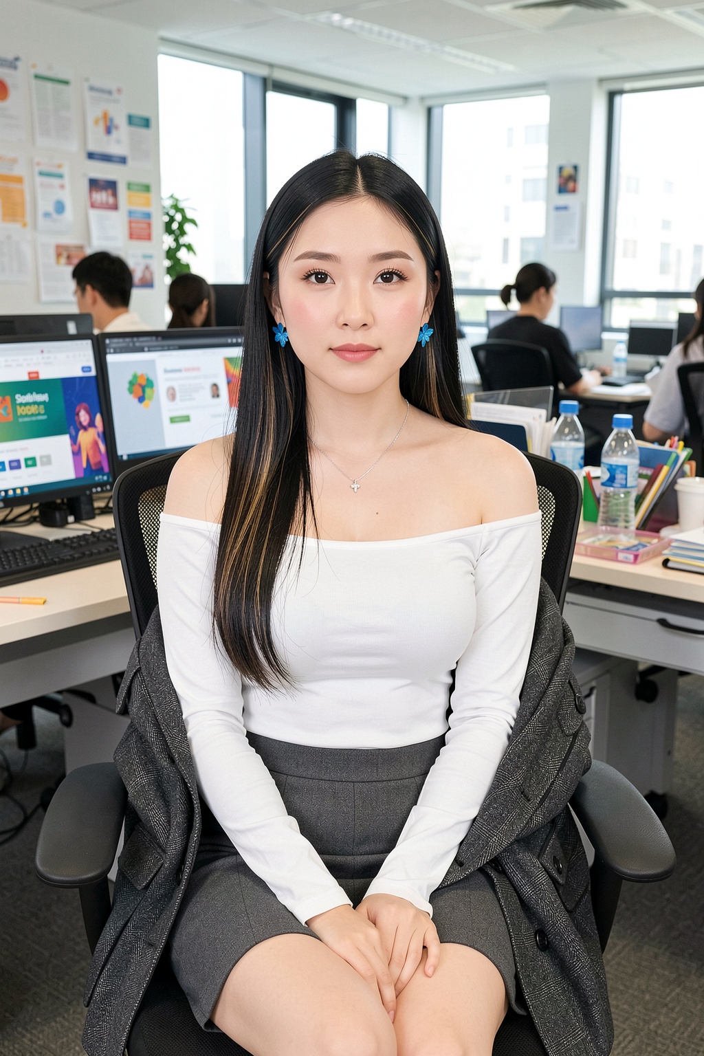 The image is a photograph of an East Asian woman seated in a modern office environment. She has long,  straight black hair...