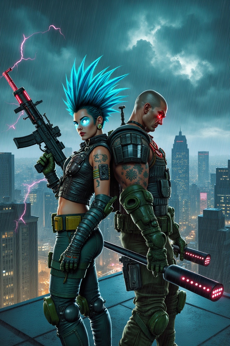 A pair of futuristic rebel‑punk fighters stand back‑to‑back on a rain‑slick rooftop overlooking a sprawling dystopian mega...
