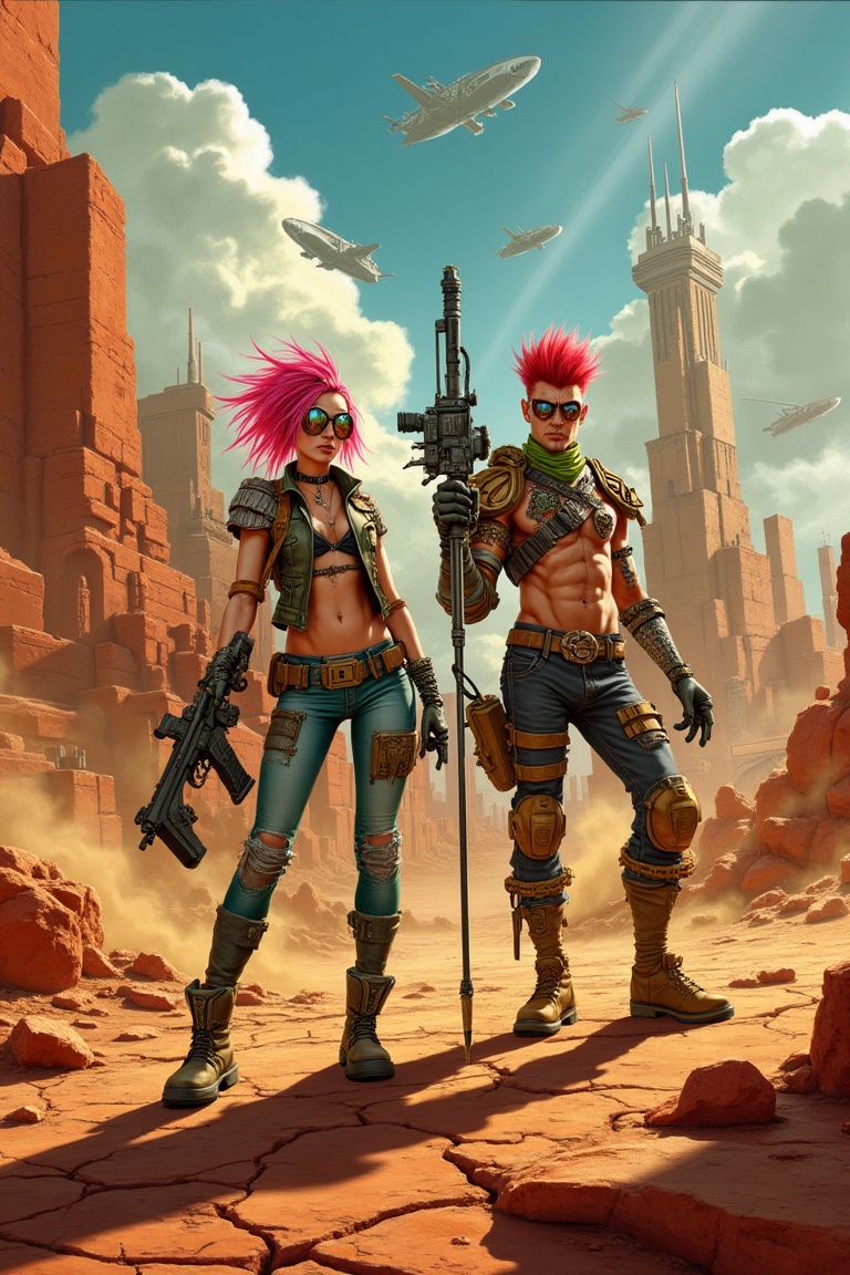 A pair of punk‑style rebels stand at the edge of a sprawling dystopian desert city carved from red stone and rusted metal,...