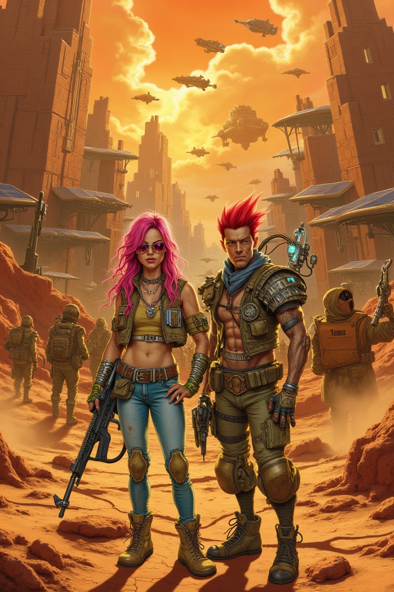 A pair of punk‑style rebels stand at the edge of a sprawling dystopian desert city carved from red stone and rusted metal,...
