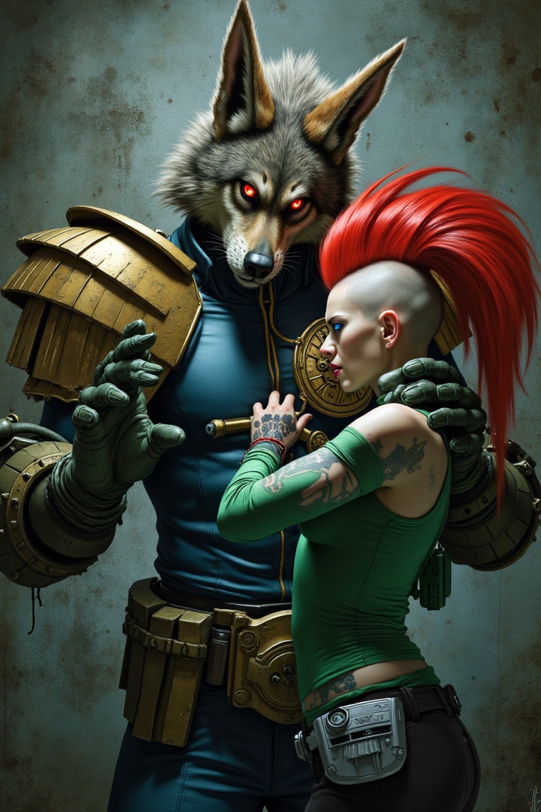 A towering anthropomorphic wolf‑like figure with thick grey and brown fur stands close to a person with vibrant red hair s...