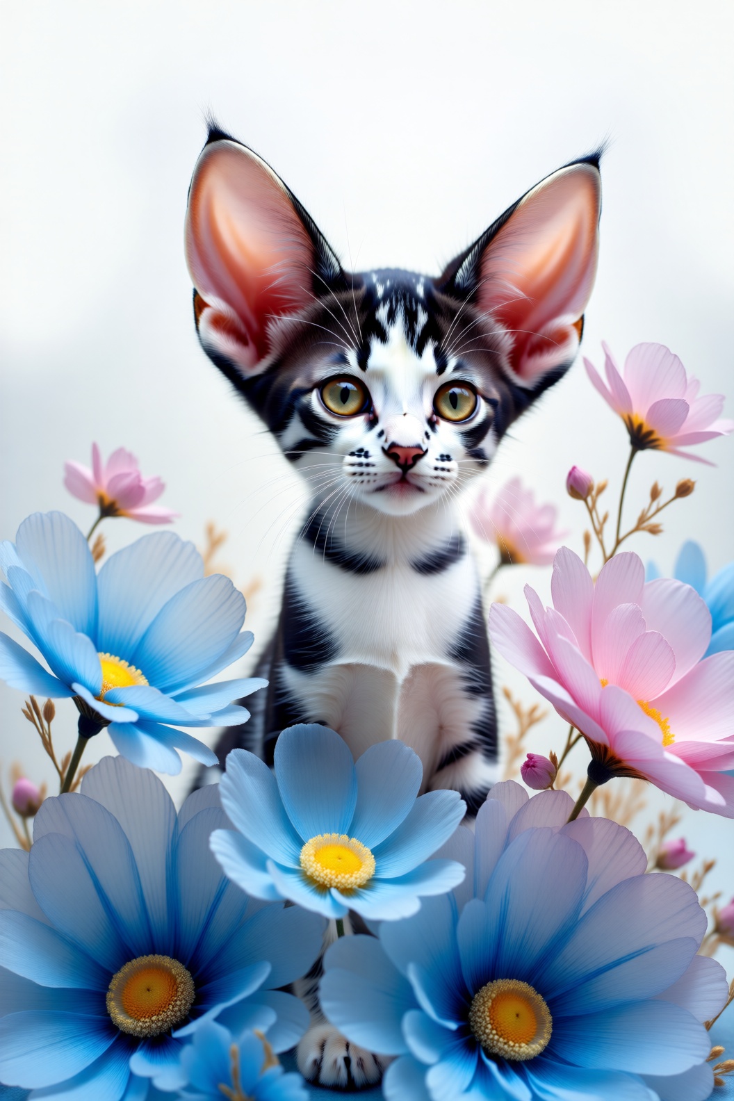 The image shows a kitten with large ears and expressive yellow eyes,  centered in frame. Its fur is predominantly white wi...