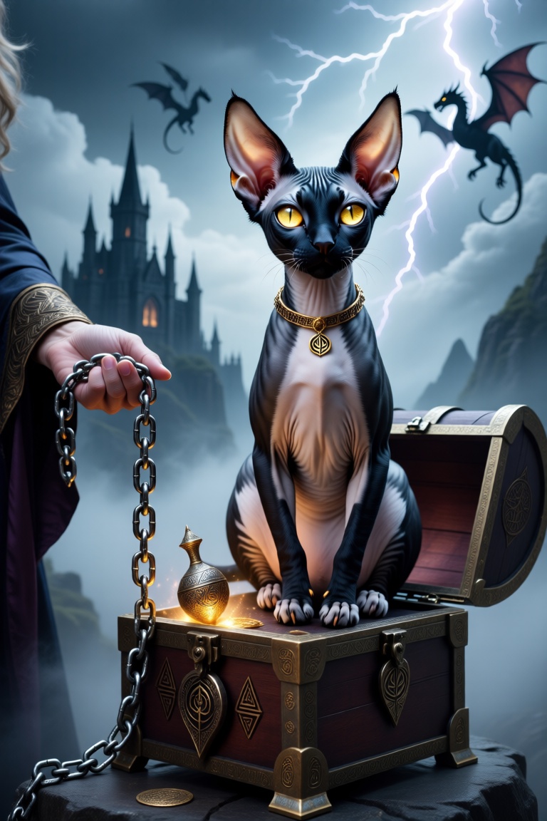 The wizard,  his mighty hand clasping a chain of dragonsteel leading to a chest containing an ancient artifact. Sitting on...