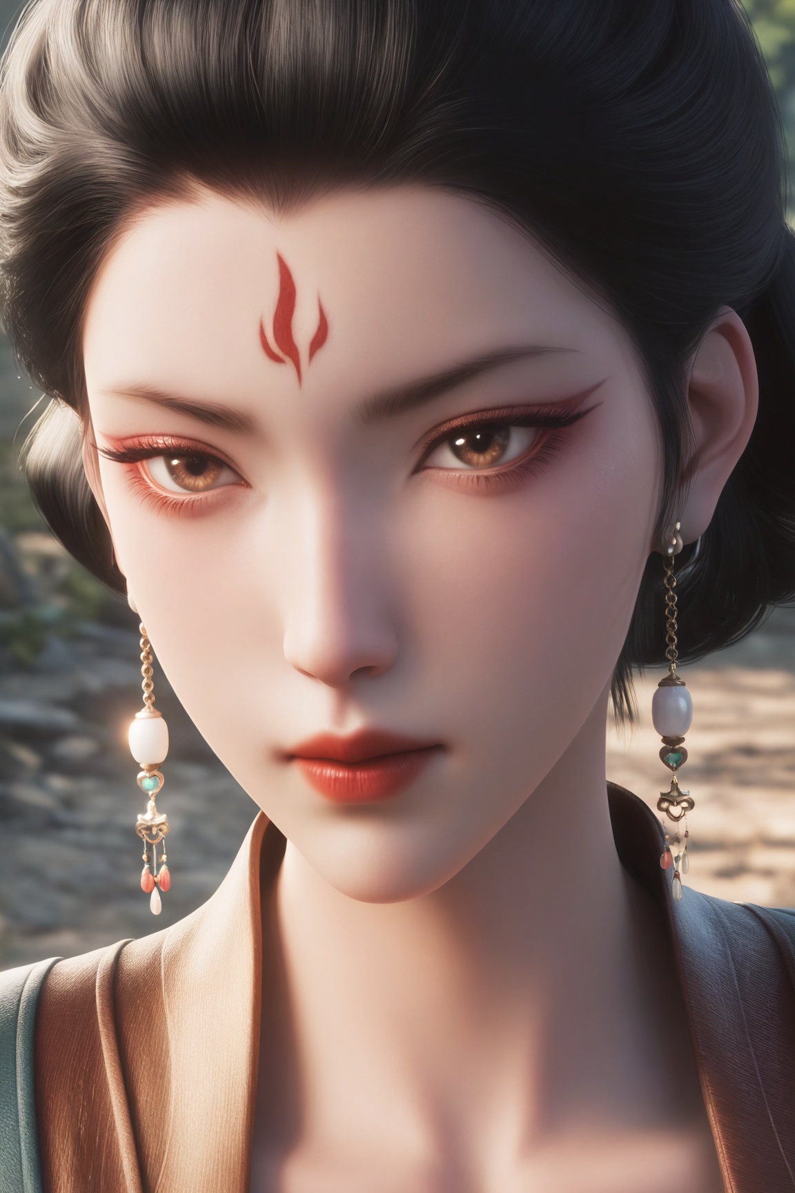 Nan-zan,1girl, solo, looking at viewer, short hair, black hair, brown eyes, jewelry, closed mouth, earrings, outdoors, blurry, lips, makeup, blurry background, portrait, forehead, forehead mark, red lips,
Dramatic Lighting,Cinematic Lighting,Detailed background,more details,
masterpiece, best quality, ultra-detailed, 8k resolution, high dynamic range, absurdres, stunningly, intricate details, sharp focus, detailed eyes, cinematic color grading, high-resolution texture, 
,3D render,sunlight + lens flare, glossy detailed skin, cinematic lighting, photorealistic, sharp focus, vibrant colors, dynamic pose,