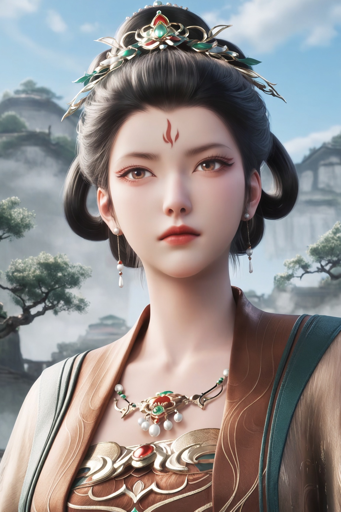 Nan-zan,1girl, solo, black hair, hair ornament, brown eyes, jewelry, closed mouth, upper body, earrings, day, necklace, lips, chinese clothes, forehead mark, realistic, updo, hanfu,
