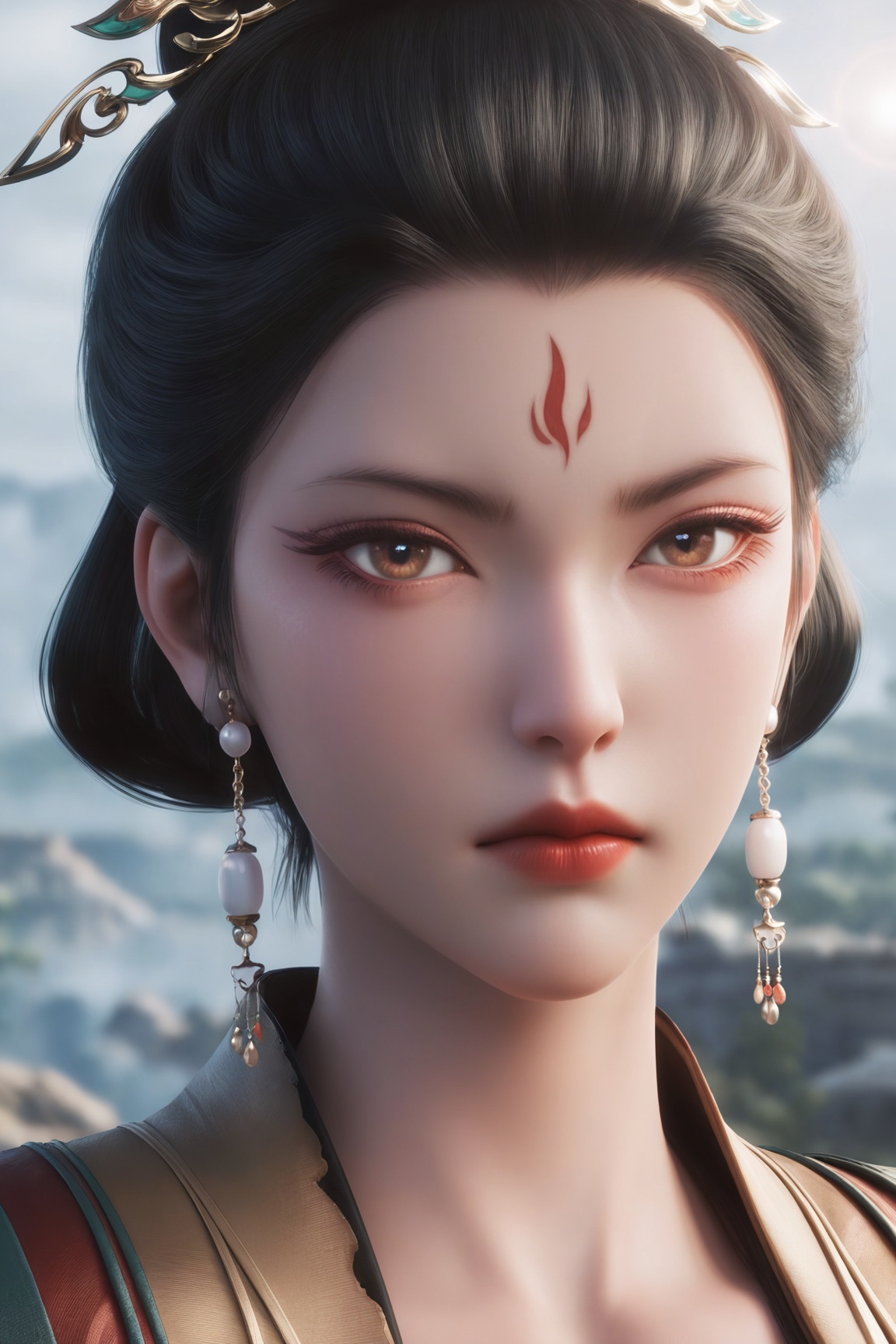 Nan-zan,1girl, solo, looking at viewer, short hair, black hair, brown eyes, jewelry, closed mouth, earrings, outdoors, blurry, lips, makeup, blurry background, portrait, forehead, forehead mark, red lips,
Dramatic Lighting,Cinematic Lighting,Detailed background,more details,
masterpiece, best quality, ultra-detailed, 8k resolution, high dynamic range, absurdres, stunningly, intricate details, sharp focus, detailed eyes, cinematic color grading, high-resolution texture, 
,3D render,sunlight + lens flare, glossy detailed skin, cinematic lighting, photorealistic, sharp focus, vibrant colors, dynamic pose,