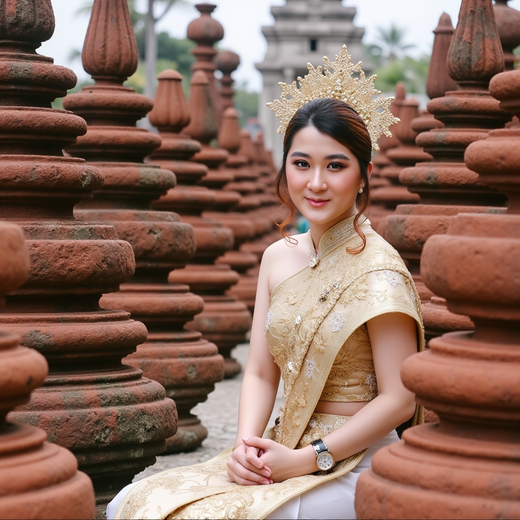 The image shows a woman dressed in traditional attire,  sitting among a series of ornate,  reddish-brown stone structures....