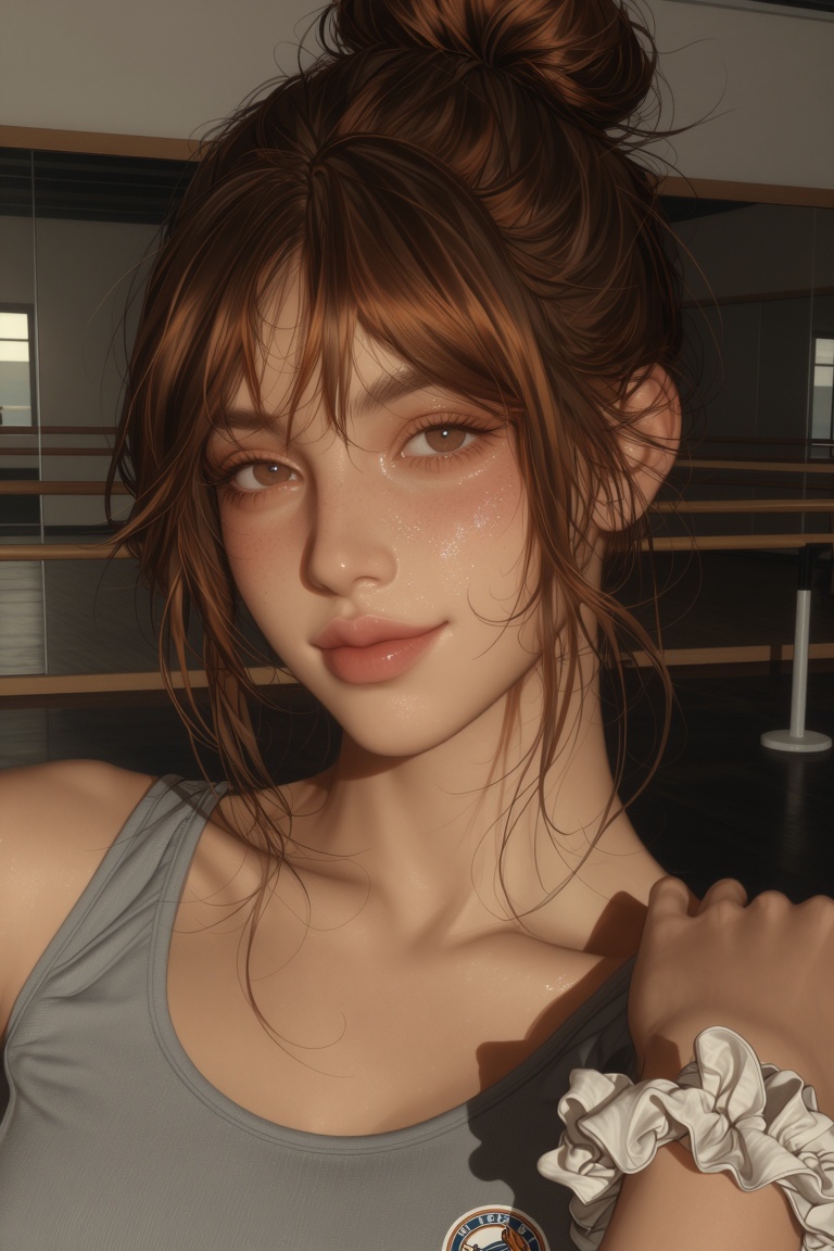 A close-up,  beautiful female,  practice room portrait of a girl looking directly at the viewer. She has medium brown hair...