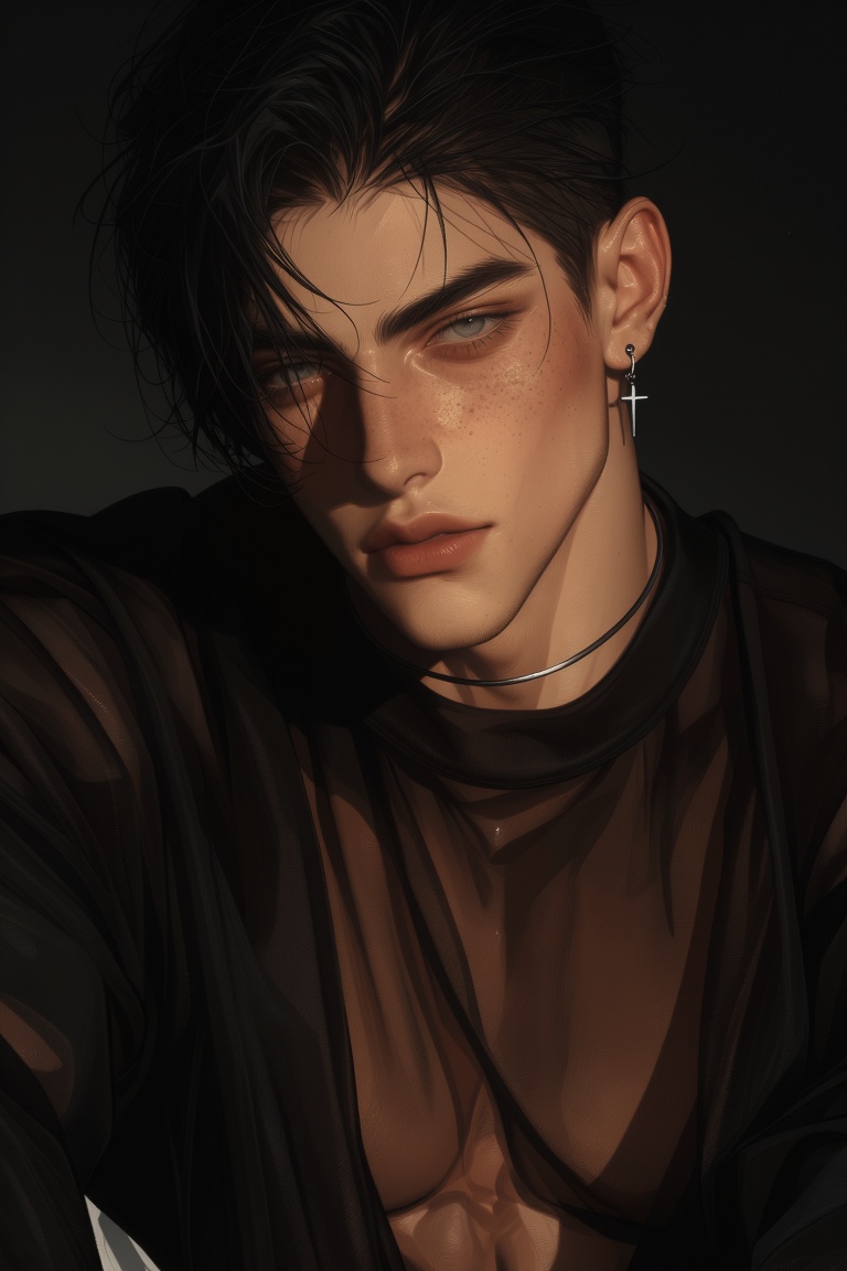 A close-up portrait of a young man looking directly at the viewer under harsh afternoon light. He has jet black,  wavy hai...