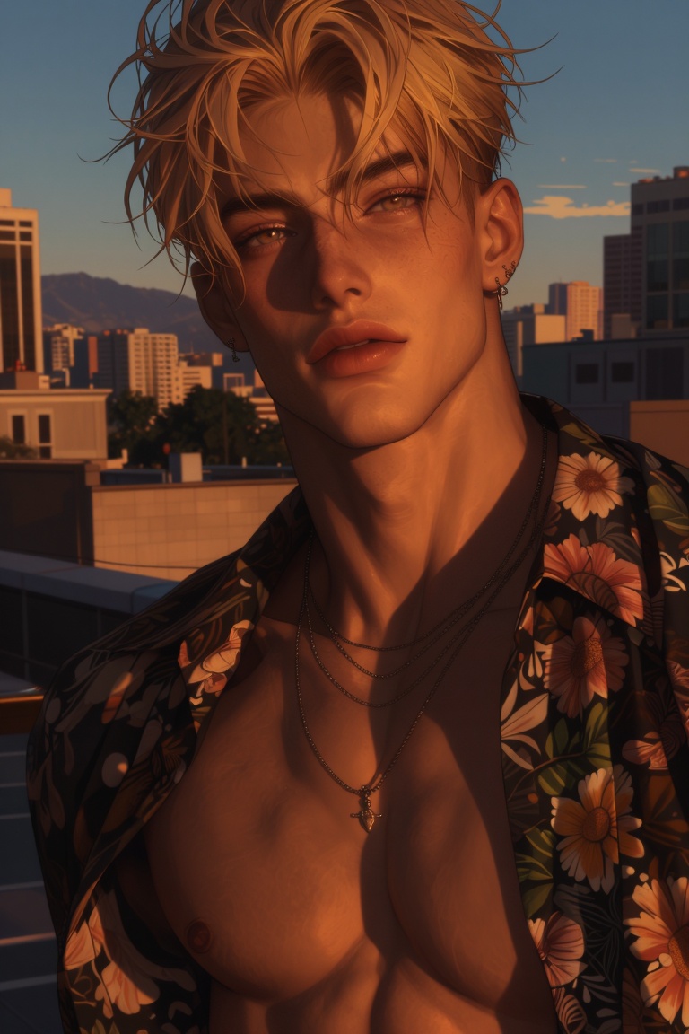 A sun-drenched portrait of a rebellious young man staring directly at the viewer with a relaxed but dangerous gaze. His go...