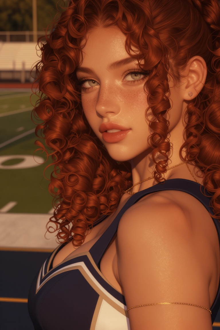 A close-up,  beautiful female,  sideline portrait of a girl looking directly at the viewer. She has curly auburn hair that...