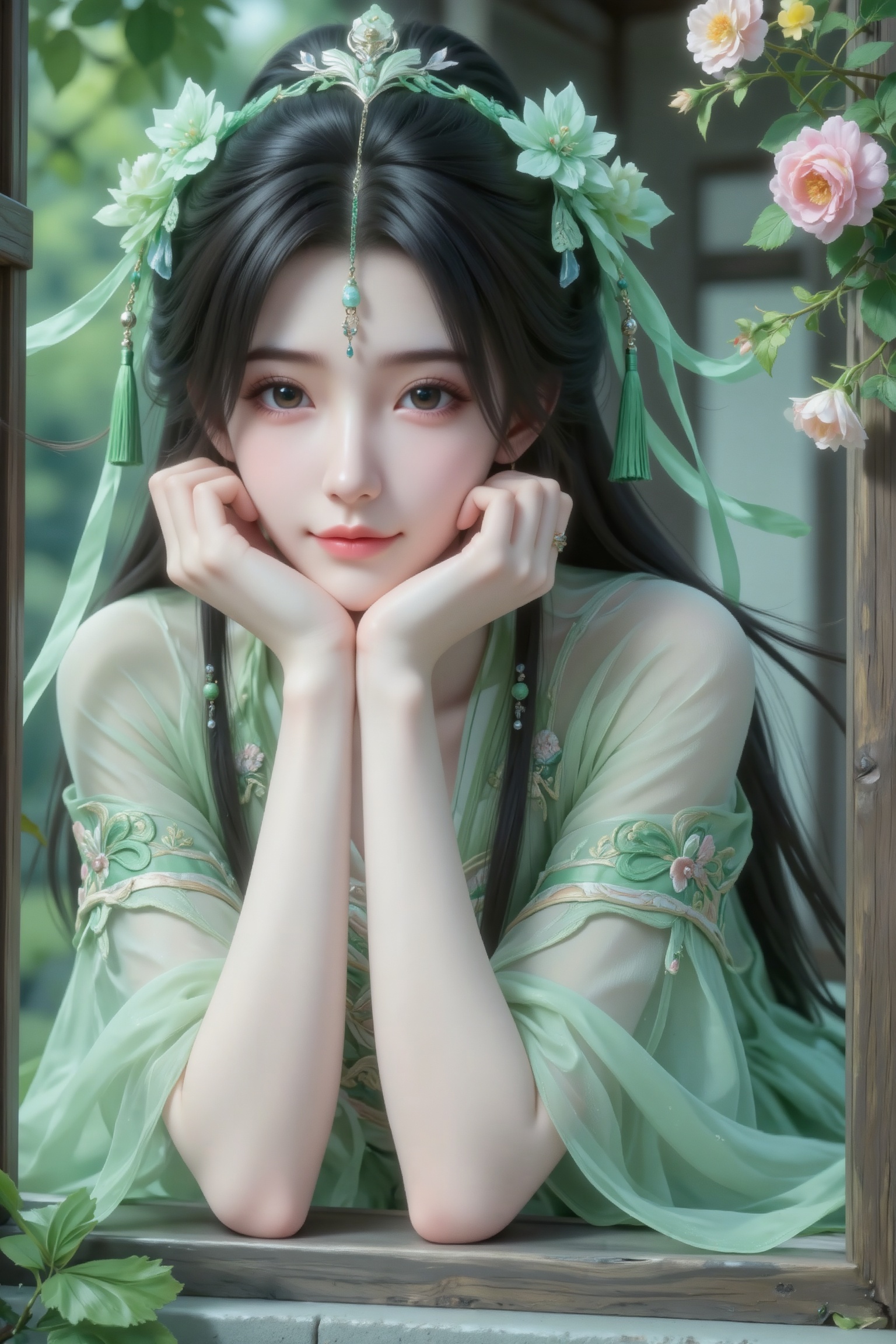 杰作级画质,顶级图像精度,超高清细节渲染,单人女性角色,（黑色长发：1.4）,（比例优越的纤细长腿：1.3）,（肌肤白皙光滑的匀称美腿：1.4）,（挺拔饱满的D 罩杯曲线：1.4）,（精致立体的美颜五官：1.4）,美颜全开,光滑油亮的皮肤,水嫩的肌肤,,,一个女孩,柳神,
（电影级面光：1.6）,（光线追踪：1.5）,（冷白皮漫感质感的光滑皮肤：1.7）,（人物有最好的骨相：1.2）,（网感脸：1.6）,身材完美,莫兰迪配色,高颜值网红,INS风,19岁女生尖下巴,三庭五眼比例均衡,细腻陶瓷水嫩肌肤,偏冷白皮,随机的妆容,随机的饰品,随机的动作,侧光,发丝轻飘,凌乱,随机角度拍摄,总体有很多的不确定性,但又好看,

氛围慵懒俏皮,东方美女,冷白皮气质美女,薇薇纯欲风,皮肤白皙,偶像气质,fairskin,气质的江南美女子,有点甜美,皮肤美白透亮,甜美氛围,细腻笔触,独特韵味的美,可爱表情,正面照,精致美女肖像,皮肤细腻光滑,妆容淡雅清新,俏皮可爱,突出自然美感。空灵的气氛,巧妙地捕捉情感,杰作,柔和,高分辨率,景深构图,层次32k高清蓝光。冷白皮气质美女,皮肤白皙,偶像气质,发丝呈现出自然的垂坠感,长发散落于肩头两侧,几缕发丝拂面,带着精致配饰,身穿浅绿、绿色相间纱衣,绣花精致,佩戴头花、流苏、飘带,单手托腮趴在古朴的窗户上往外看,旁边繁多高树、枝叶、蔷薇花,整体体现俏皮活泼风格,背景虚化。