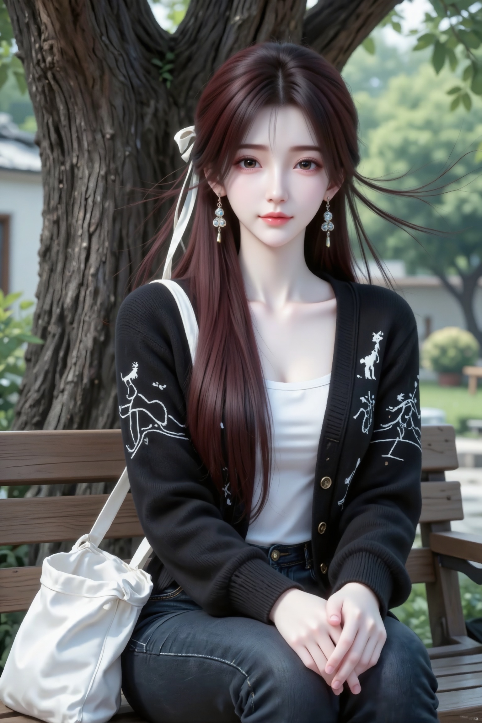 杰作级画质,顶级图像精度,超高清细节渲染,单人女性角色,（黑色长发：1.4）,（比例优越的纤细长腿：1.3）,（肌肤白皙光滑的匀称美腿：1.4）,（挺拔饱满的D 罩杯曲线：1.4）,（精致立体的美颜五官：1.4）,美颜全开,光滑油亮的皮肤,水嫩的肌肤,,,一个女孩,柳神,
（电影级面光：1.6）,（光线追踪：1.5）,（冷白皮漫感质感的光滑皮肤：1.7）,（人物有最好的骨相：1.2）,（网感脸：1.6）,身材完美,莫兰迪配色,高颜值网红,INS风,19岁女生尖下巴,三庭五眼比例均衡,细腻陶瓷水嫩肌肤,偏冷白皮,随机的妆容,随机的饰品,随机的动作,侧光,发丝轻飘,凌乱,随机角度拍摄,总体有很多的不确定性,但又好看,

氛围慵懒俏皮,东方美女,冷白皮气质美女,薇薇纯欲风,皮肤白皙,偶像气质,fairskin,气质的江南美女子,有点甜美,皮肤美白透亮,甜美氛围,细腻笔触,独特韵味的美,可爱表情,正面照,精致美女肖像,皮肤细腻光滑,妆容淡雅清新,突出自然美感。空灵的气氛,巧妙地捕捉情感,杰作,柔和,高分辨率,景深构图,层次32k高清蓝光。表情可爱,冷白皮气质美女,皮肤白皙,偶像气质,深栗棕色的森系发型自然垂落,深栗棕色直深色长发系带束缚,发丝呈现出自然的垂坠感,长发散落于肩头两侧,几缕发丝拂面,带着精致耳饰,



身着带动物与线条花纹的黑色针织开衫,内搭白色上衣,下身搭配深色牛仔裤,身旁放着一个白色布袋。女子头正脸对着镜头,双臂自然弯曲,双手交握置于腿上,躯干挺直,双腿姿态被遮挡。场景是在一个有着大树、绿植和木质长椅的户外庭院,以近景构图,