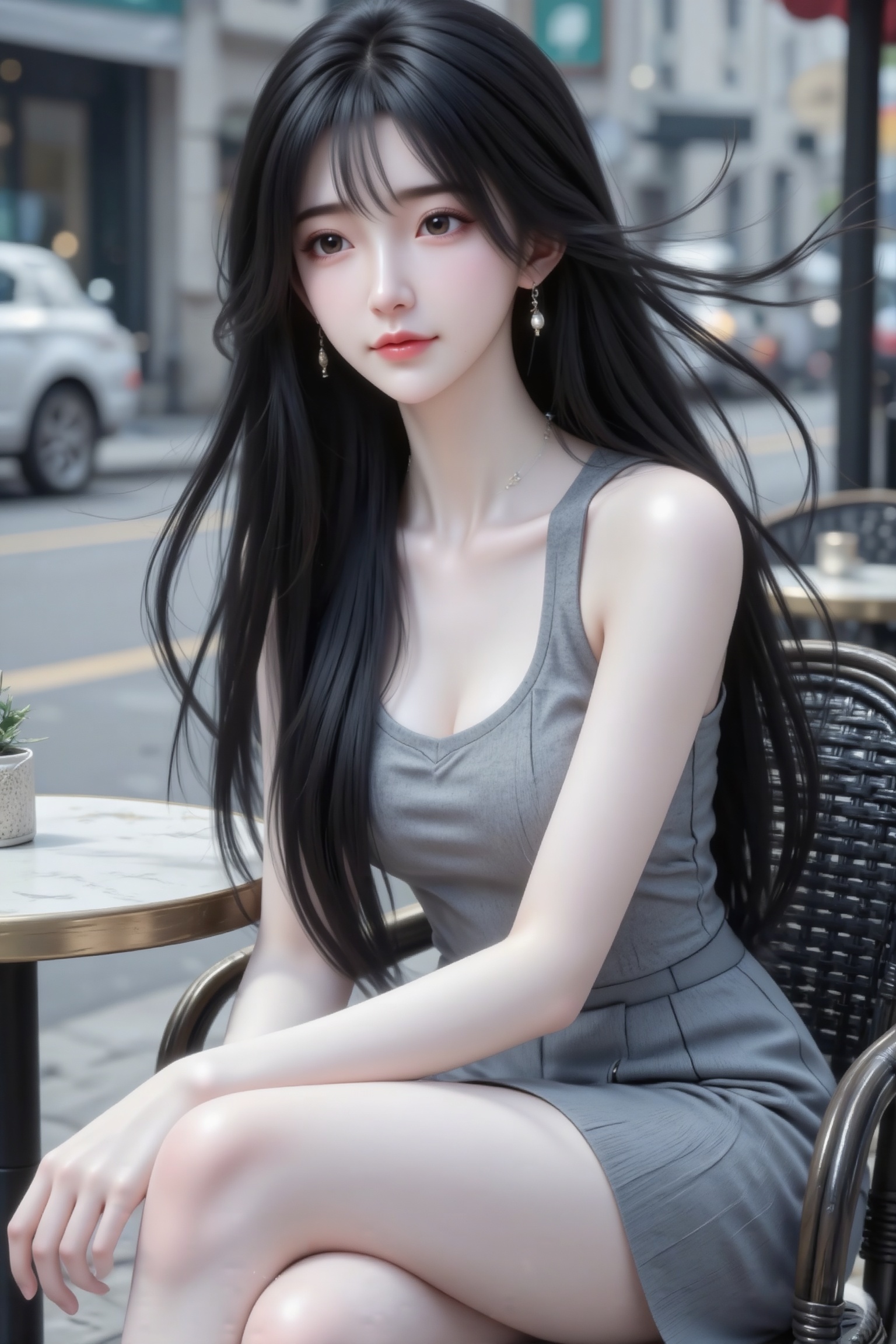 杰作级画质,顶级图像精度,超高清细节渲染,单人女性角色,（黑色长发：1.4）,（比例优越的纤细长腿：1.3）,（肌肤白皙光滑的匀称美腿：1.4）,（挺拔饱满的D 罩杯曲线：1.4）,（精致立体的美颜五官：1.4）,美颜全开,光滑油亮的皮肤,水嫩的肌肤,,,一个女孩,柳神,
（电影级面光：1.6）,（光线追踪：1.5）,（冷白皮漫感质感的光滑皮肤：1.7）,（人物有最好的骨相：1.2）,（网感脸：1.6）,（网感妆：1.6）身材完美,莫兰迪配色,高颜值网红,INS风,幼态脸,19岁女生尖下巴,三庭五眼比例均衡,身材娇小,细腻陶瓷水嫩肌肤,偏冷白皮,随机的妆容,随机的饰品,随机的动作,侧光,发丝轻飘,凌乱,随机角度拍摄,总体有很多的不确定性,但又好看,

风格甜美少女系,氛围慵懒俏皮,东方美女,黑长直,年轻娇小,发丝呈现出自然的蓬松感与垂坠感,长发散落于肩头两侧,几缕发丝拂面,冷白皮气质美女,薇薇纯欲风,皮肤白皙,偶像气质,fairskin,气质的江南美女子,有点甜美,皮肤美白透亮,表情可爱,甜美氛围,细腻笔触,独特韵味的美,构图优美,绝美角度拍摄
衣着：时尚、高雅、纯色（春秋装款式随机）

发型：随机
面容：漂亮,冷白皮
背景：街头
坐在街头室外咖啡馆,灰色及膝裙,目光看向一边