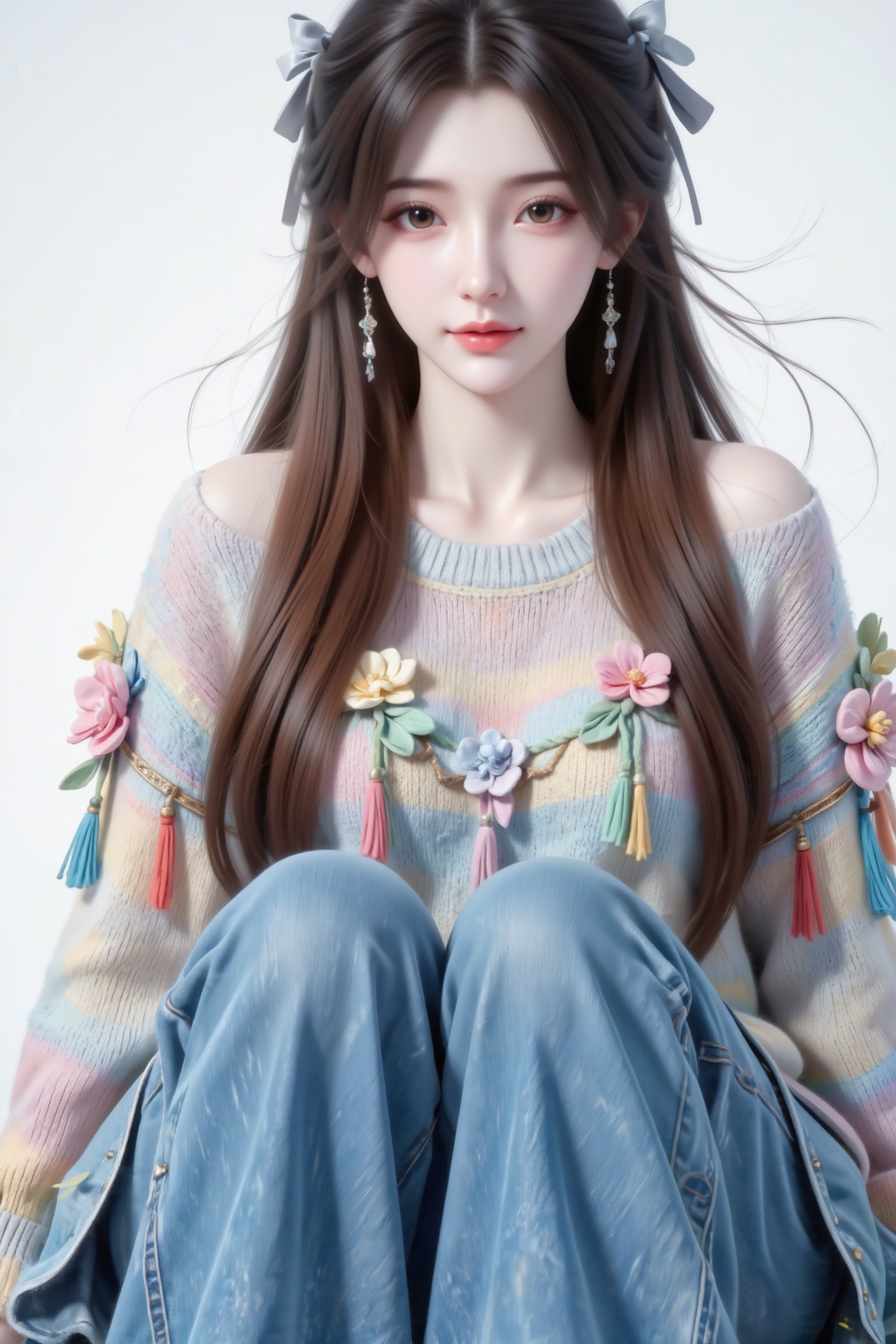 杰作级画质,顶级图像精度,超高清细节渲染,单人女性角色,（黑色长发：1.4）,（比例优越的纤细长腿：1.3）,（肌肤白皙光滑的匀称美腿：1.4）,（挺拔饱满的D 罩杯曲线：1.4）,（精致立体的美颜五官：1.4）,美颜全开,光滑油亮的皮肤,水嫩的肌肤,,,一个女孩,柳神,
（电影级面光：1.6）,（光线追踪：1.5）,（冷白皮漫感质感的光滑皮肤：1.7）,（人物有最好的骨相：1.2）,（网感脸：1.6）,身材完美,莫兰迪配色,高颜值网红,INS风,19岁女生尖下巴,三庭五眼比例均衡,细腻陶瓷水嫩肌肤,偏冷白皮,随机的妆容,随机的饰品,随机的动作,侧光,发丝轻飘,凌乱,随机角度拍摄,总体有很多的不确定性,但又好看,氛围慵懒俏皮,东方美女,冷白皮气质美女,薇薇纯欲风,皮肤白皙,偶像气质,fairskin,气质的江南美女子,有点甜美,皮肤美白透亮,甜美氛围,细腻笔触,独特韵味的美,可爱表情,正面照,精致美女肖像,皮肤细腻光滑,妆容淡雅清新,突出自然美感。空灵的气氛,巧妙地捕捉情感,杰作,柔和,高分辨率,景深构图,层次32k高清蓝光。表情可爱,冷白皮气质美女,皮肤白皙,偶像气质,深栗棕色的森系发型自然垂落,深栗棕色直深色长发系带束缚,发丝呈现出自然的垂坠感,长发散落于肩头两侧,几缕发丝拂面,带着精致耳饰。上身穿精致设计的宽松彩色毛衣,点缀立体花朵与流苏装饰,下身穿宽松阔腿大摆牛仔长裙