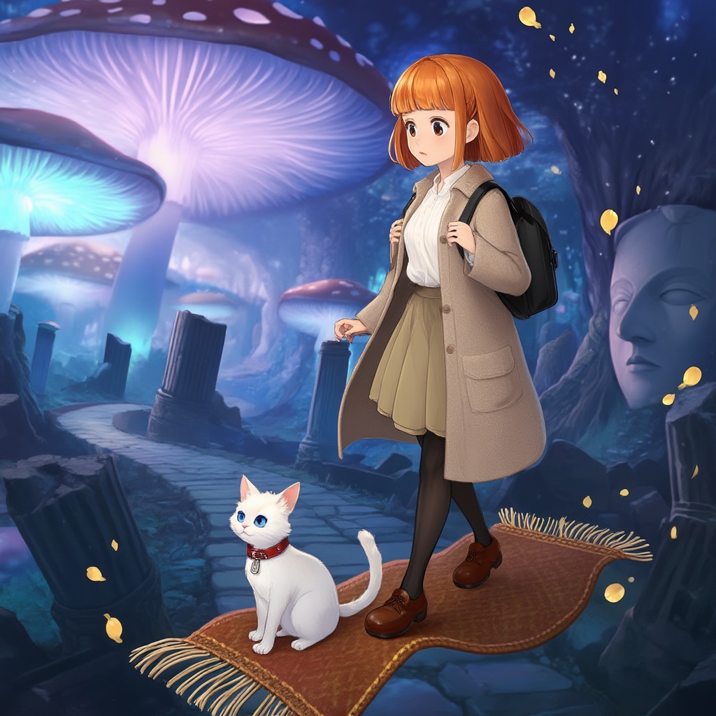 Isla (***** young woman),  gentle and curious; short orange hair with side bangs,  part of hair tucked behind ears; natura...