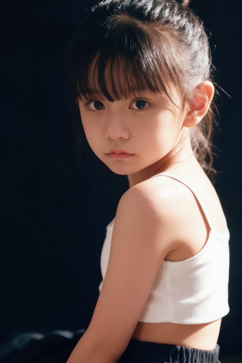 强势10岁女孩时尚特写,  利落露背短款上衣,  贴身修身轮廓 on Tensor.Art