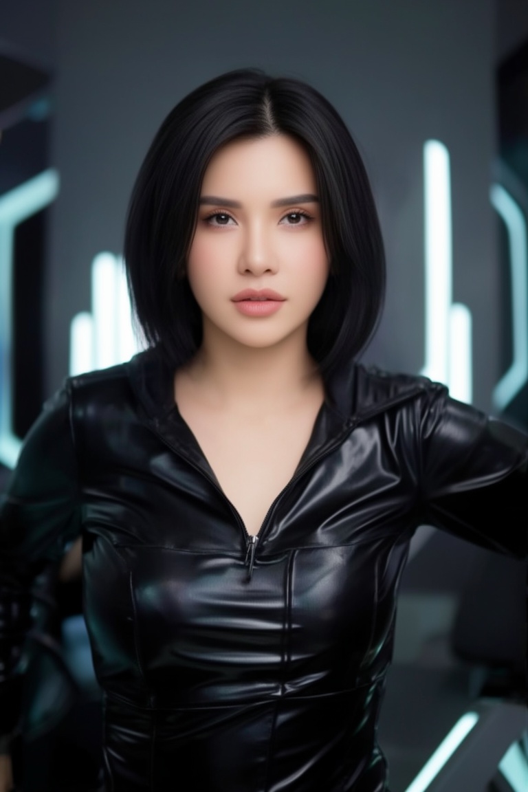 Image is a high-resolution portrait photograph featuring a young woman with a short bob haircut and fair skin. She is wear...