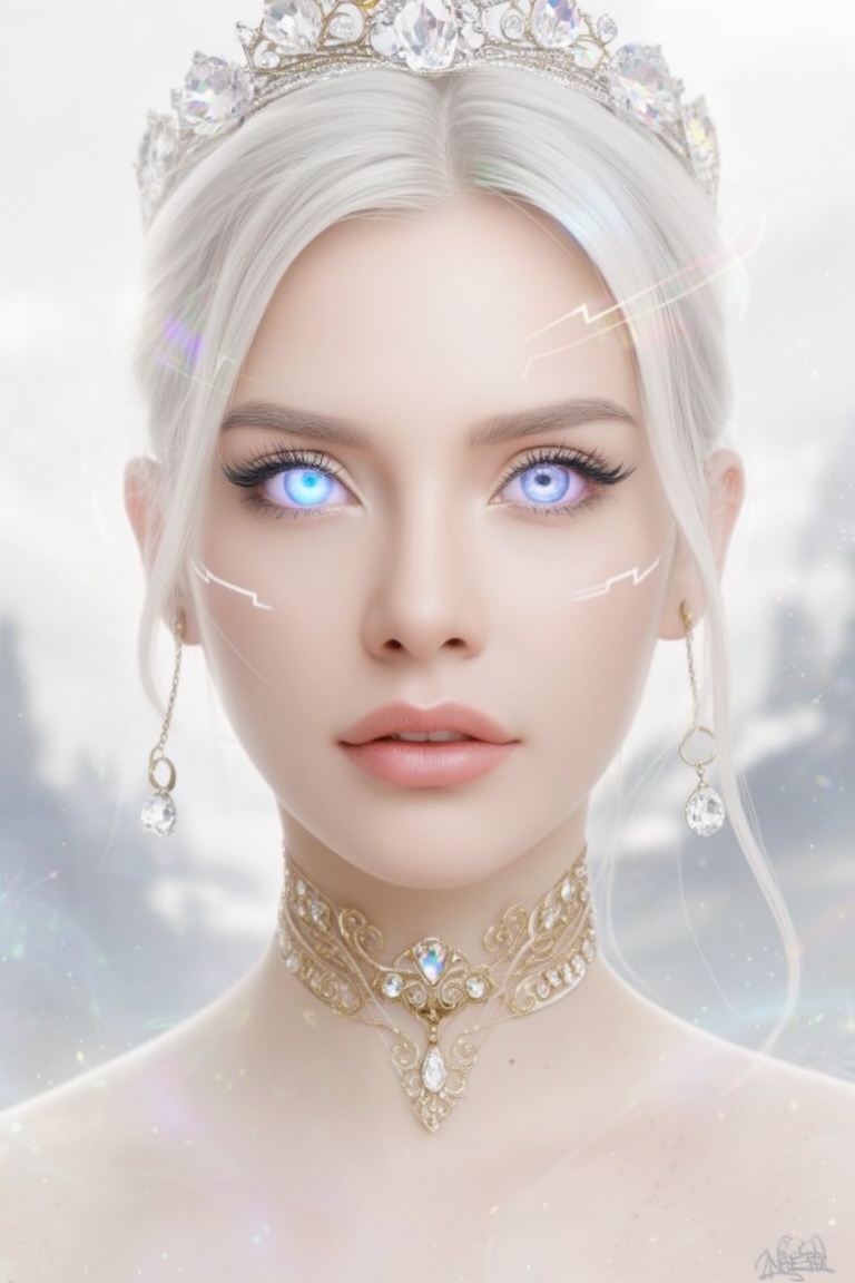 close,  albino woman with glowing eyes and hair in white gold jewelry,  light painting by Cands on Tensor.Art