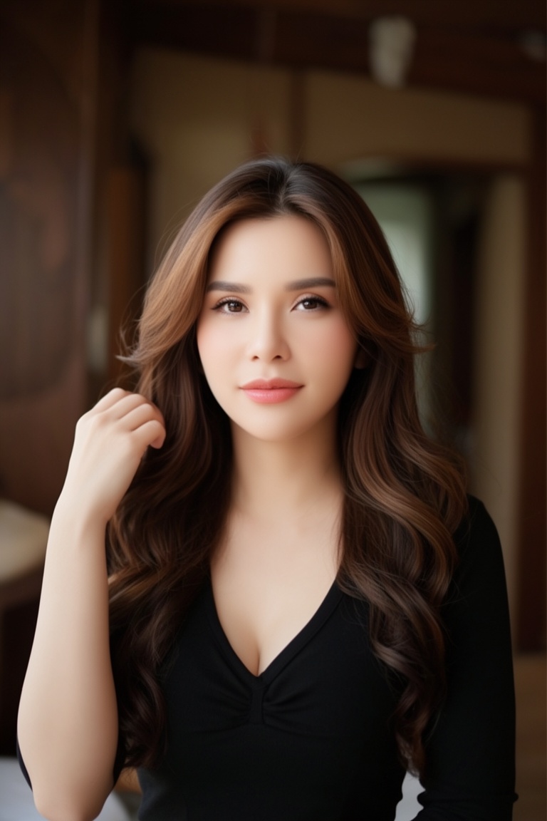 Create a highly realistic digital portrait of an East Asian woman early 20s. She has long,  curly,  dark brown hair that f...