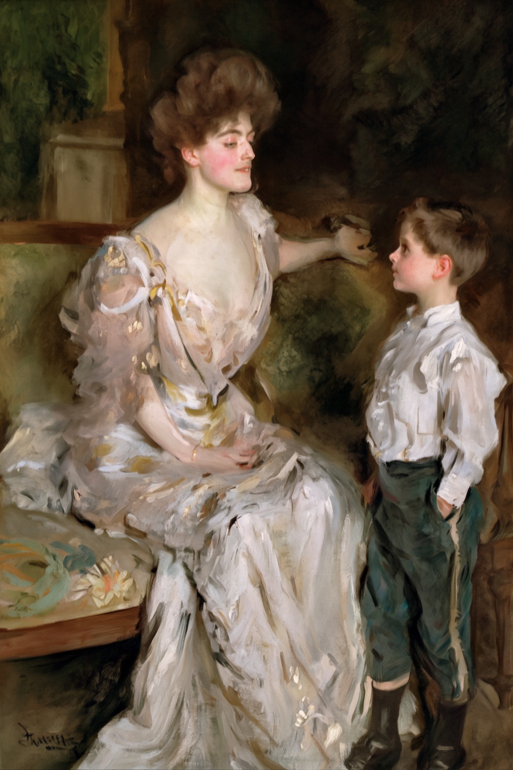 photojohnsingersargent11z oil painting.  
A woman and a young boy are sitting on a sofa in a living room. On the left, a woman with a slender, elegant figure sits on a plush, upholstered sofa. Her voluminous hair is styled in a bouffant updo, with a few strands framing her face. On the right is a young boy, shown in side profile view, with his hand in his pocket, gazing at the woman on the left.