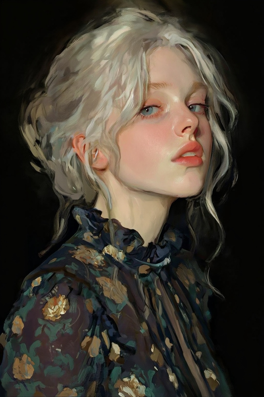 photojohnsingersargent11z. Illustration.
Close-up of a young woman with her chin up, looking at the viewer with a serene expression from the corner of her blue eyes, and her lips slightly parted. Her voluminous platinum blonde hair is styled in a messy updo, with long, delicate curls framing her face and neck. She wears a high-collared, ruffled dark navy blouse decorated with a gold, textured floral pattern. Her body is angled away. A solid black background provides a stark contrast to her light hair and the soft lighting that illuminates her features.,photojohnsingersargent11z