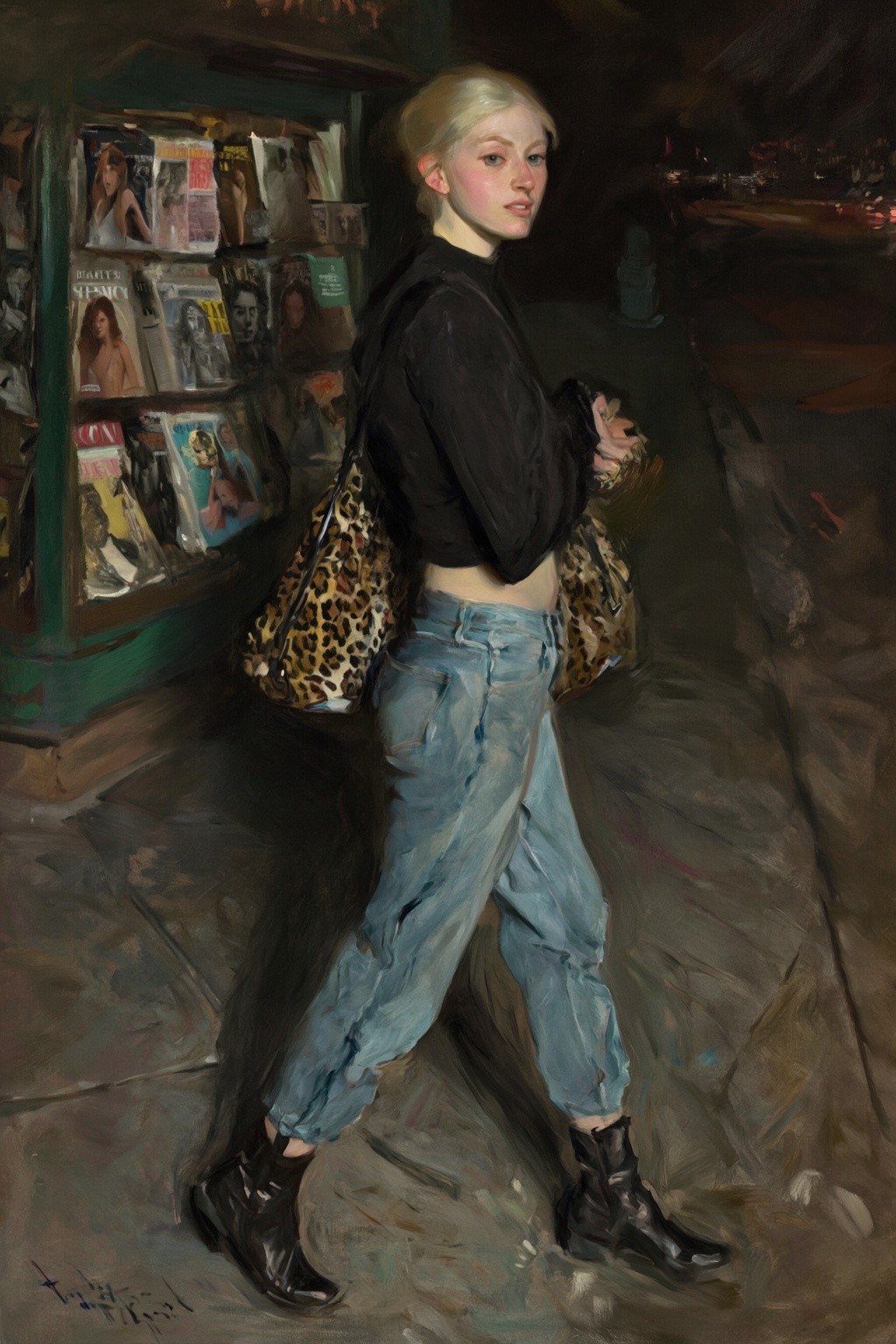 photojohnsingersargent11z. Oil painting.
High-angle, medium-full shot captures a young woman shown in side profile, with platinum blonde hair tied in a sleek bun, walking along an urban sidewalk at night. She is turning her head sideway to look toward the camera as she strides past a brightly lit newsstand on the left, filled with various magazines. Her outfit consists of a black long-sleeved crop top, baggy light-wash denim jeans, and black leather ankle boots. A large, prominent leopard-print hobo bag is slung over her shoulder. 